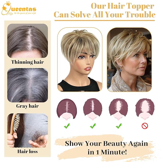 QUEENTAS Hair Topper for Women with Thinning Hair Pieces 6.5"*6"Large Coverage 360°3D Synthetic Short Wiglets with 5 Clips(Blonde Mixed Brown)