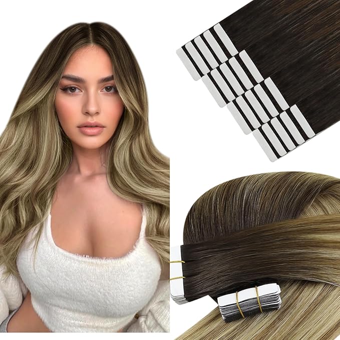 YoungSee Tape in Hair Extensions Human Hair Balayage Dark Brown Tape in Hair Extensions Dark Brown Ombre Medium Brown with Blonde Hair Extension Tape-in -Remy Hair Extension 14In 20pcs 50g