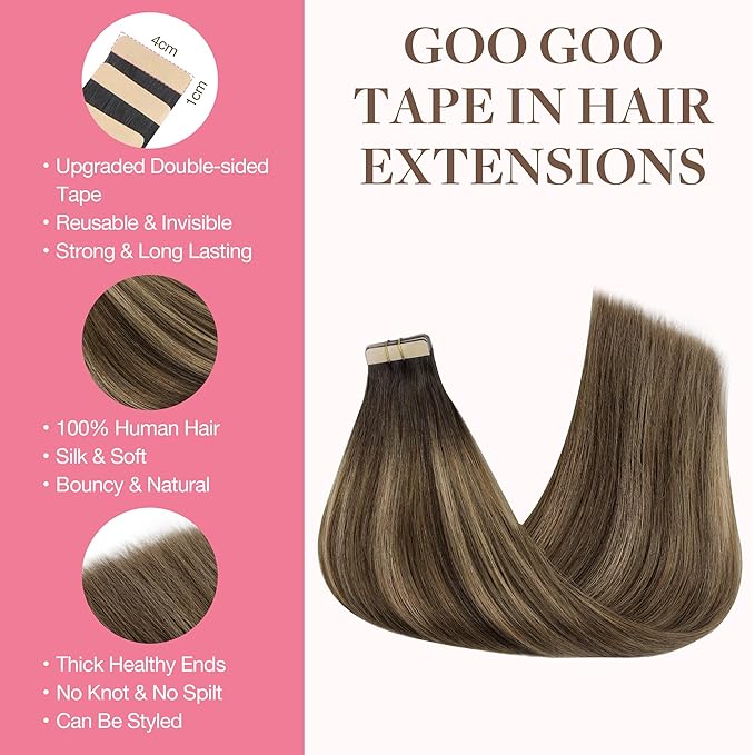 GOO GOO Tape in Hair Extensions Human Hair, 4D/14/5B Brunette Balayage, 18inch 100g 40pcs, Skin Weft Seamless Invisible, Silky Straight with Thick Ends, Remy Human Hair