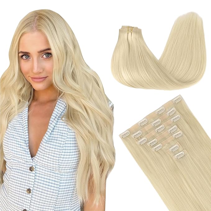 GOO GOO Clip in Hair Extensions Real Human Hair, Remy Human Hair Extensions Clip ins for Women, Natural Human Hair, 22inch 150g 7Pcs, 60A Platinum Blonde