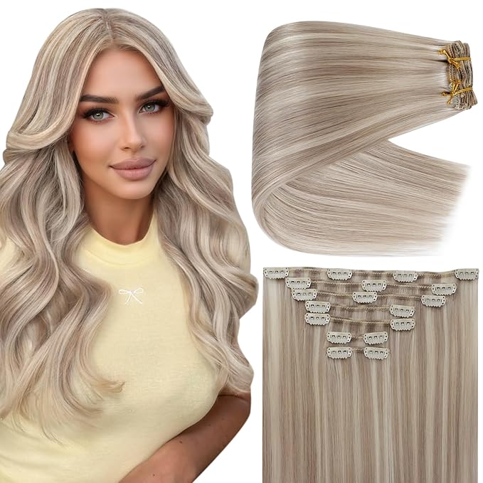 Full Shine Ash Blonde Clip in Hair Extensions Highlighted Blonde Hair Extensions Clip in for Women Thick Remy Hair 16 Inch 7 Pcs 135 G