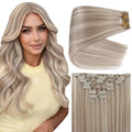Full Shine Clip in Extensions Ash Blonde Highlighted Bleach Blonde Remy Clip in Hair Extensions for Volume Thick Real Human Hair 135 G 18 Inch 7 Pcs