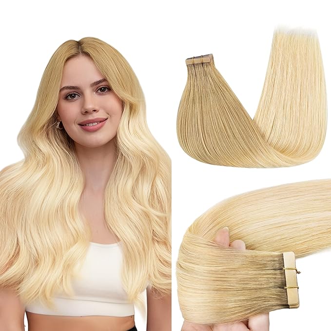GOO GOO Tape in Hair Extensions Human Hair, O7/60F Ombre Ash Blonde with Frosted Highlights, 10inch 30g 20pcs, Skin Weft Seamless Invisible, Silky Straight with Thick Ends, Remy Human Hair