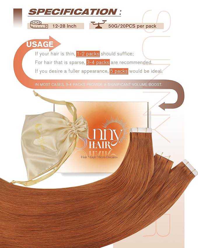 Sunny Hair Tape in Hair Extensions Real Human Hair Invisible Remy Hair Extensions Tape ins for Women Copper Red 20 inch 20Pcs 50G