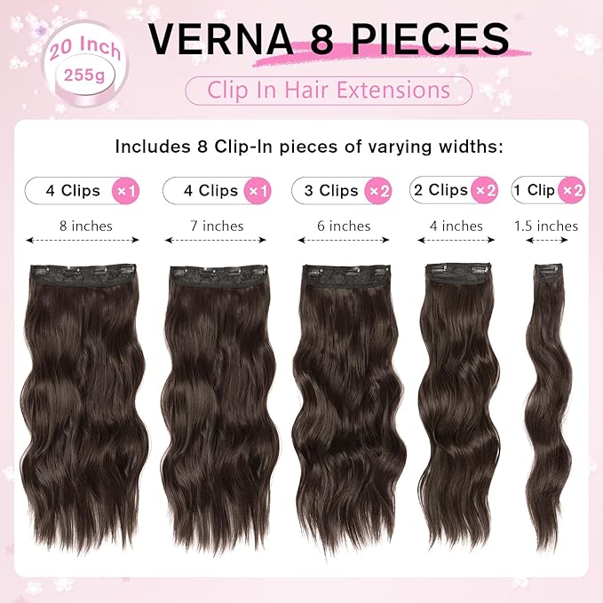 Clip in Hair Extensions for Women, 20 Inch Dark Brown Hair Extensions Clip Ins Wavy Curly, 8PCS Synthetic Airy and breathable Hairpieces for Women