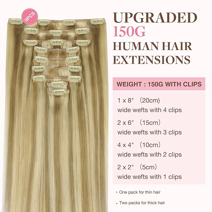GOO GOO Clip in Hair Extensions Real Human Hair, Remy Human Hair Extensions Clip ins for Women, Natural Human Hair, 26inch 260g 9Pcs, #16/22 Light Blonde Highlighted Golden Blonde