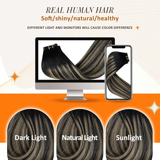 Full Shine Hair Clip in Extensions 14 Inch Seamless Clip in Hair Extensions Black Ombre Honey Blonde With Black Seamless Human Hair Clip ins Extension Skin Weft 8 Pcs 120 G