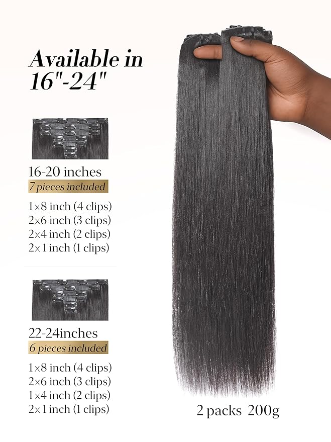 LUVME 0.59mm Zero Trace Invisible Clip in Hair Extensions, Yaki Straight 2 Pack 6 Pcs 100g 22 Inch, 100% Real Human Hair Clip Ins, Seamless Invisible Length for Office, Brunch & Nights Out