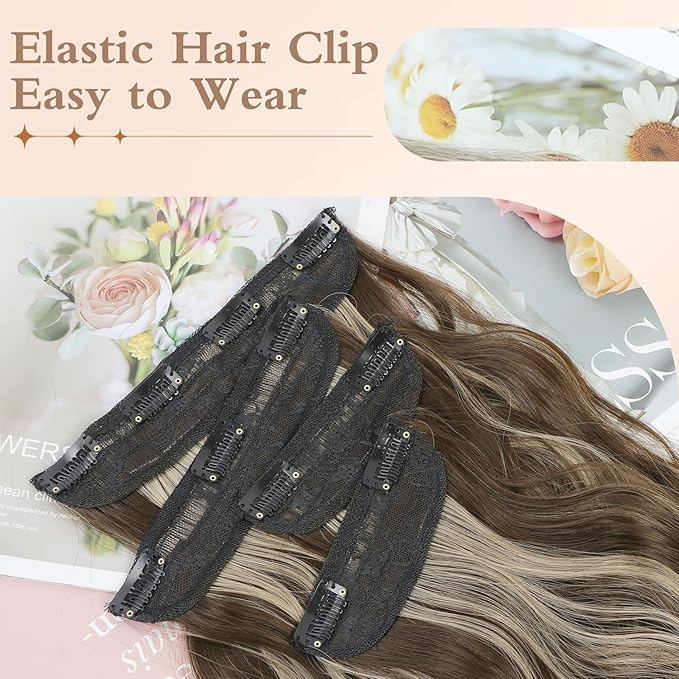 Clip in Hair Extensions, 20 Inch Medium Brown Mixed Golden Blonde Hair Extensions for Women 4PCS Curly Hair