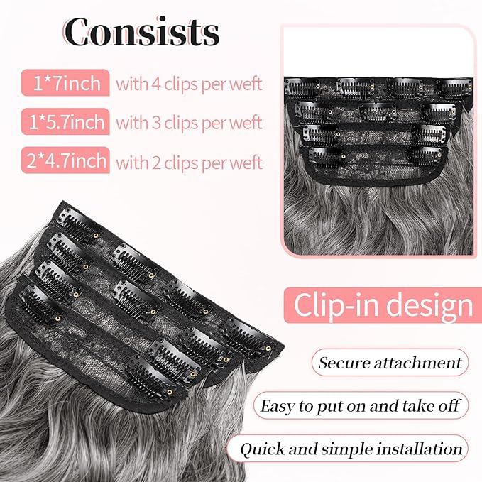 KooKaStyle Clip in Synthetic Hair Extensions Long Wavy 4PCS Thick Hairpieces Grey Sliver Mixed Fiber Double Weft Natural Hair Extensions 24 Inch for Women