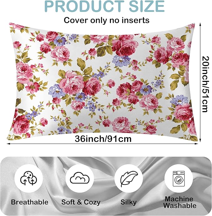 Satin Pillowcase 1 Pack-Rose Flower Floral Silky Pillow Cover for Hair and Skin,King Size 20x36 Inch Soft Cooling Printed Pillow Cases with Hidden Zipper,Gifts for Women Men