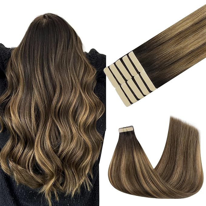 GOO GOO Tape in Hair Extensions Human Hair, 4D/14/5B Brunette Balayage, 16inch 25g 10pcs, Skin Weft Seamless Invisible, Silky Straight with Thick Ends, Remy Human Hair