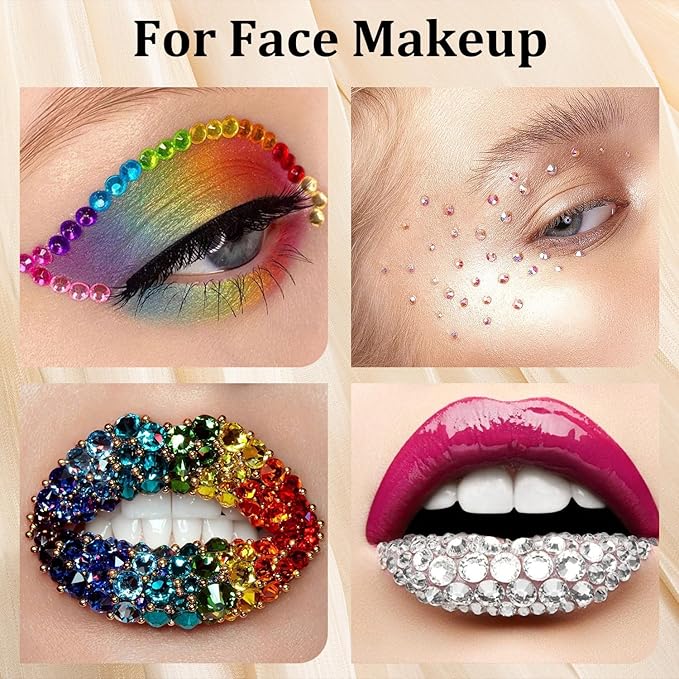 Colorful Face Gems for Makeup Set, Flatback Gorgeous Charming AB Glass Rhinestone with Makeup Glue+Picker Pencil+Tweezer for Eye Body Hair Make-up and Nail Art Deco