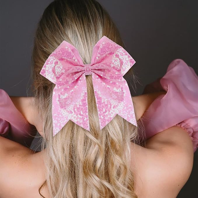 Large Glitter Cheer Bows Clips, Jumbo Big 7 Inch Cheerleading Sequin Hair Bow Hair Accessories for Teens Girls Football Sports Cheerleader Outfit Uniform (Pink)
