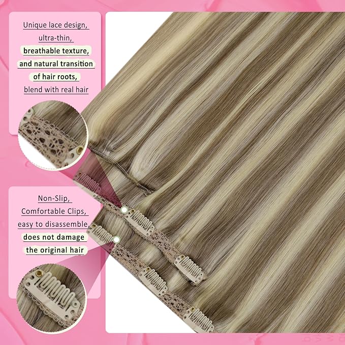 YoungSee Clip in Hair Extensions Highlight Human Hair Clip in Extensions Light Brown with Highlight Blonde Straight Hair Extensions Real Human Hair Clip ins for Short Hair 12Inch 7Pcs 85G
