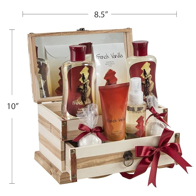 French Vanilla Bath Set Essential Bath and Body Basket: 2 Vanilla Bath Bombs, Body Lotion, Body Spray, Bath Salts, etc in a Wooden Jewelry Box
