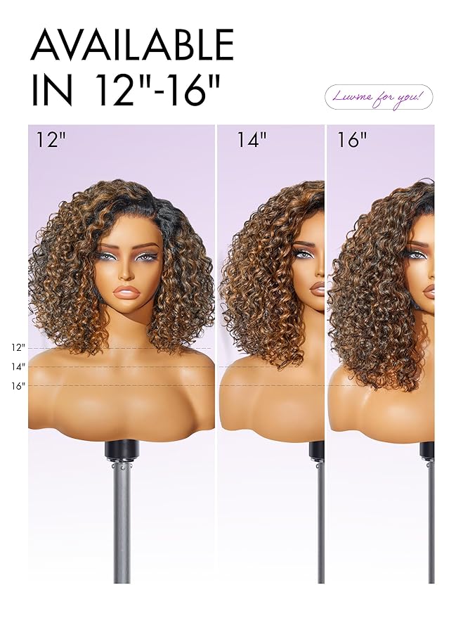 LUVME HAIR 100% Human Hair Wigs Curly Deep Wave Glueless Lace Front 16 Inches Pre Cut Plucked Hd Lace Short Wig Ready To Go Highlight Color Straight Bleached Knots Side Part Black Wigs