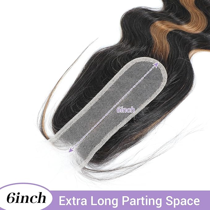 2x6 HD Lace Closure Human Hair Body Wave P1B/30 Highlight Brown Black Color Transparent Lace Closure 2x6 Long Deep Middle Part 100% Raw Virgin Human Hair 14 Inch 150% Density