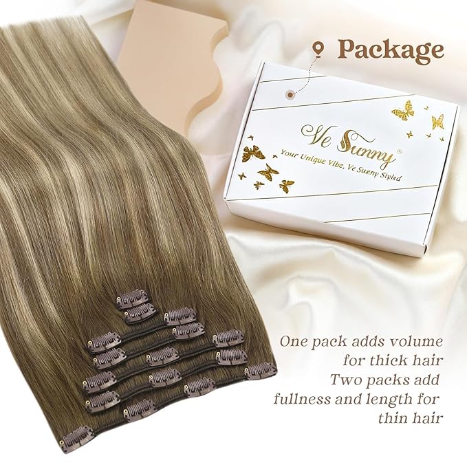 Ve Sunny Balayage Clip in Hair Extensions Real Human Hair Double Weft Remy Hair Clip in Human Hair Extensions Walnut Brown Ombre Light Brown with Blonde 18inch 120g 7pcs