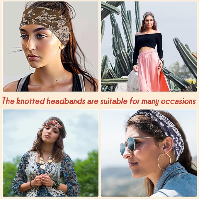 obeoby Headbands for Women, 8 Pack Boho Style Headbands Non Slip Fashion Wide Hairband Hair Wrap Hippie Clothes for Women