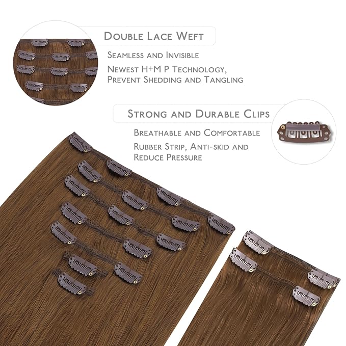 WENNALIFE Clip in Hair Extensions, 150g 24 Inch 9pcs Light Auburn Brown Human Hair Extensions Thicker Double Weft Real Human Hair Set