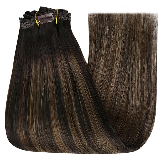 YoungSee Clip in Hair Extensions Balayage Dark Brown Mix Medium Brown Real Human Hair Extensions Clip ins Brunette Clip in Hair Extensions Human Hair for Women 24Inch 120G 7Pcs
