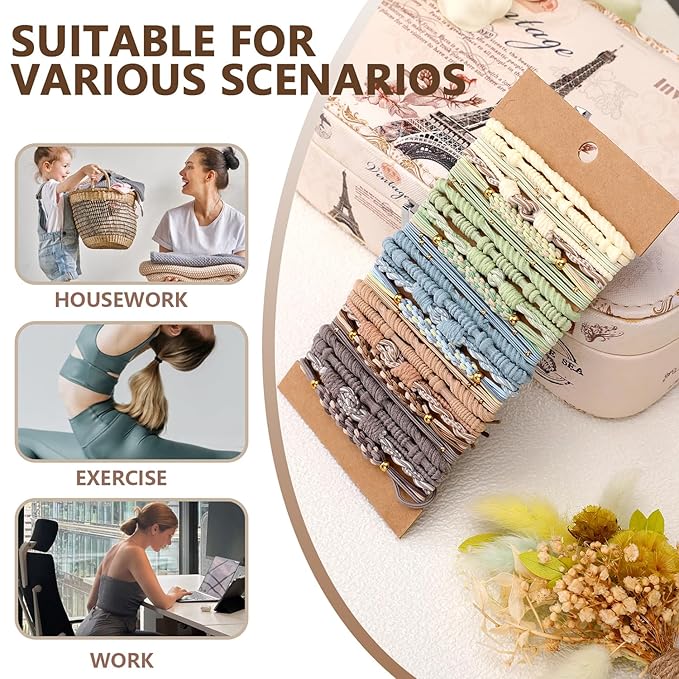 Boho hiar ties 25pcs Cute Bracelets for Thin and Thick Hair, Hair Accessories for girl or Women,Soft Dual-Use No-Damage Ties, Elastic bands，ponytail holders fo Mother's Valentine's Christmas day gift.