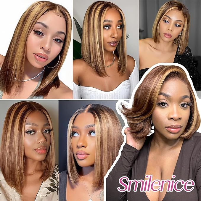 210% Density 13x6 Highlight Ombre Full Lace Frontal Bob Wig Human Hair 12A Brazilian Virgin Human Hair Pre Plucked 4/27 Honey Blonde HD Transparent Lace Glueless Wigs Human Hair 10 Inch