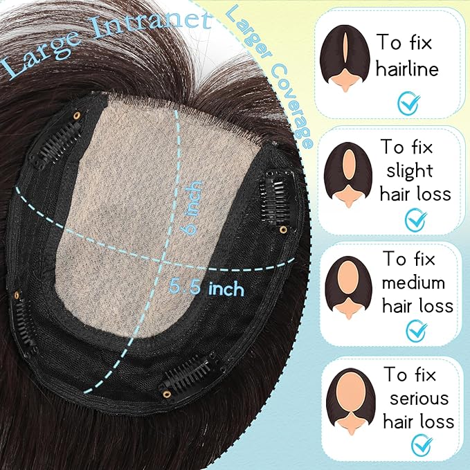 Hair Toppers for Women Real Human Hair, 360° 3D Toppers Pieces for Women with Thinning Crown Wispy Bangs 14 Inch Upgrade Big Basement (Dark Brown, 14 Inch Wispy Bangs)