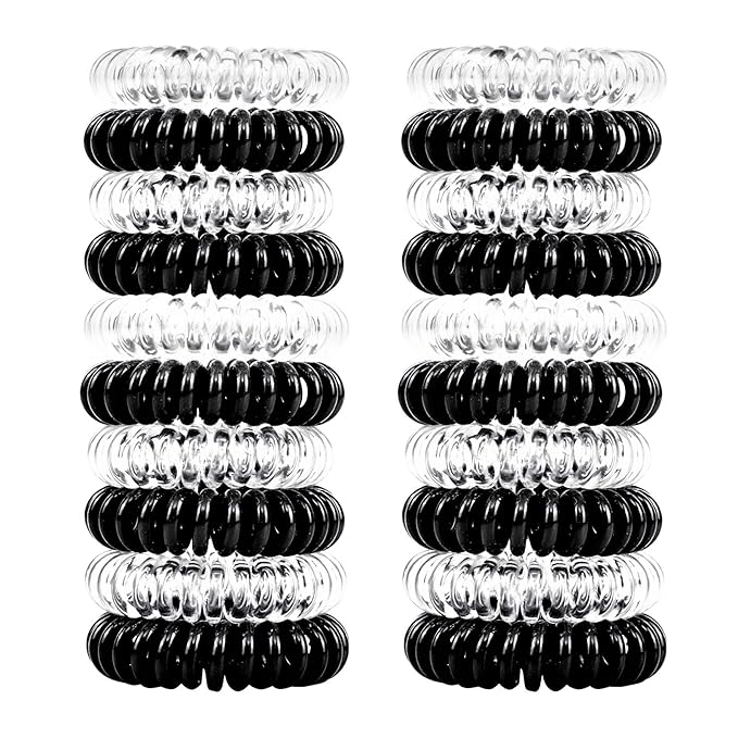 79STYLE 50Pcs Spiral Hair Ties Black Clear Coil Hair Ties Phone Cord Plastic Ponytail Holders Bulk Clear Hair Coils For Women Gris Thin Thick Curly Hair (Black and Transparent)