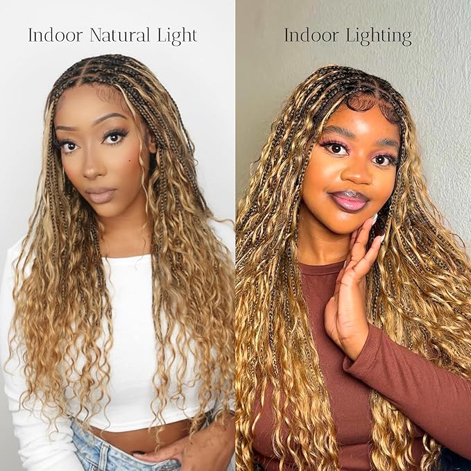 Human Hair Boho Curls Hand-Tied HD Full Lace Wig - 24" Salon-Level Small Box Synthetic Braids (100 Braids, High Density) Pre-Cut Swiss HD Lace, Pre-Plucked, Tangle-Free - 1B/27 Honey Blond