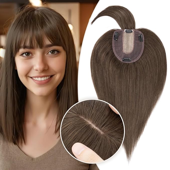 Rich Choices Real Human Hair Toppers for Women With Bang 100% Remy Human Hair Topper for Thinning Hair Clip in Silk Base Hair Topper 16 Inch #2R Chocolate Brown