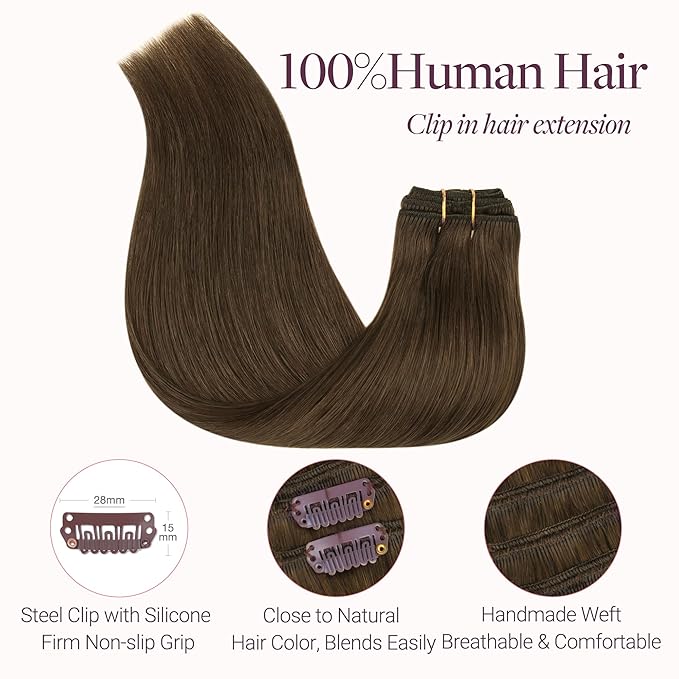 GOO GOO Clip in Hair Extensions Real Human Hair, Remy Human Hair Extensions Clip ins for Women, Natural Human Hair, 20inch 120g 7 Pcs, #4H Light Chocolate Brown