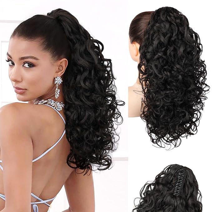 Flufymooz 100％ Pure Protein Ponytail Extension, 18 Inch Curly Claw Clip Ponytail Hair Extensions Natural Soft pony tail hairpiece for women-Dark Chocolate Brown