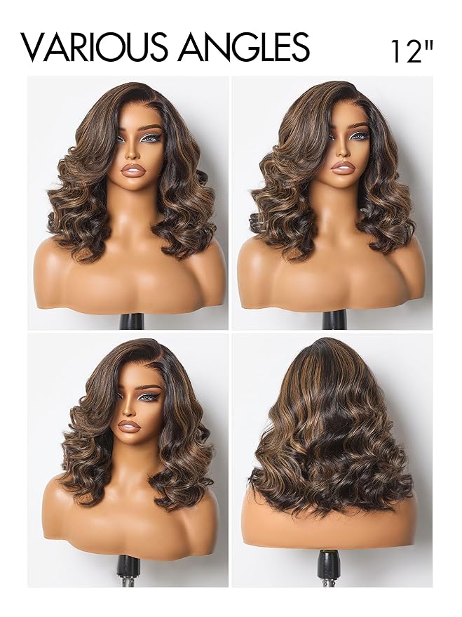 LUVME HAIR 100% Human Hair Wigs Loose Wave Glueless Lace Front 12 Inches, Pre Cut Plucked Hd Lace Short Wig Ready To Go Highlight Color Straight Bleached Knots Side Part Wigs