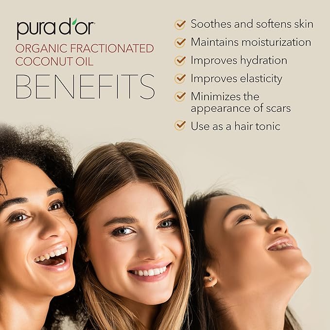 PURA D'OR 16.9 Oz ORGANIC Fractionated Coconut Oil (GLASS BOTTLE) USDA Certified MCT Oil – Therapeutic, Lightweight Moisturizer – Hexane Free Carrier Oil For Essential Oils, Massage – Face, Hair, Body
