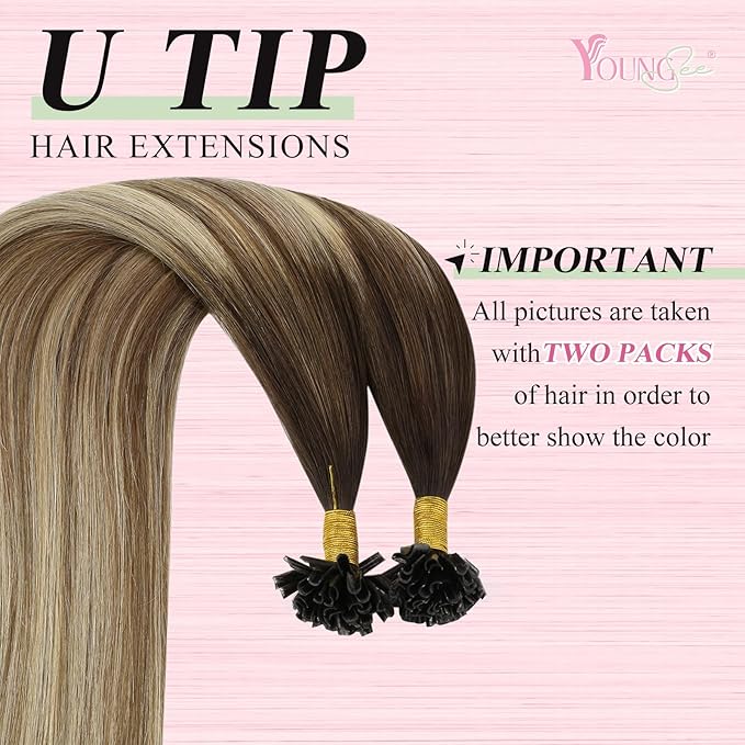 YoungSee U Tip Hair Extensions Human Hair Ombre Dark Brown to Brown with Blonde Keratin Human Hair Extensions 24In 1G/S 50G