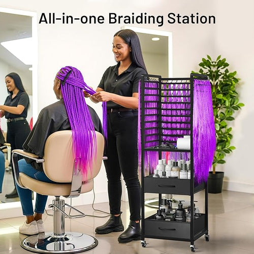 300 Pegs Braiding Rack with Large Drawers, 3-Sided Hair Rack with Wheels and 16 Braiding Tools, Hair Extension Holder 52 Inch Height for Hair Salon, Home