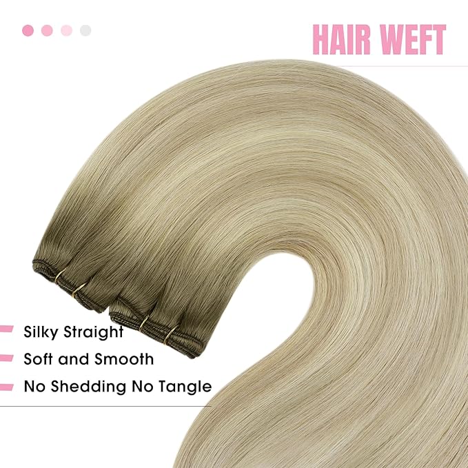 YoungSee 100g Sew in Hair Extensions Real Human Hair Ombre Human Hair Weft Extensions Ash Blonde Ombre Platinum Blonde Highlights Sew in Hair Extension for Short Hair 14inch