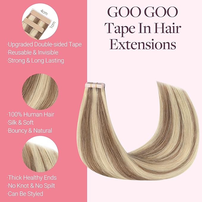 GOO GOO Tape in Hair Extensions Human Hair, 8B/60B Golden Blonde Highlights, 16inch 50g 20pcs, Skin Weft Seamless Invisible, Silky Straight with Thick Ends, Remy Human Hair