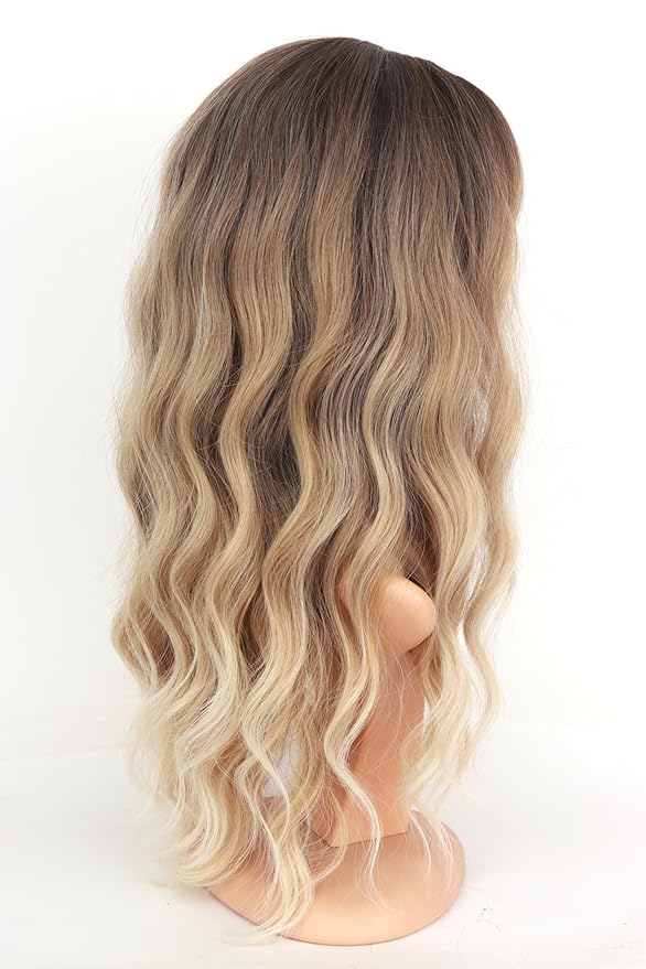 Ombre Dirty Blonde Wavy Wigs With Bangs For Women Medium Long Ash Blonde Synthetic Wigs For Daily Use （Dirty Blonde）