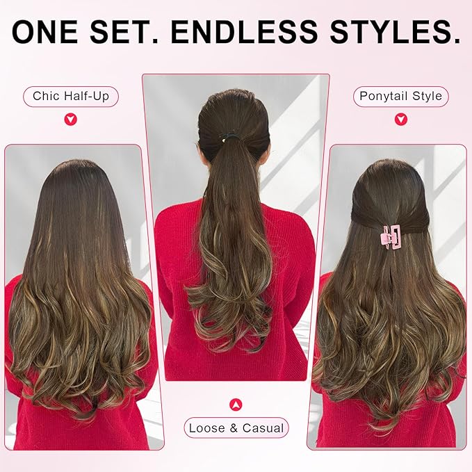 ALXNAN Long Wavy Hair Extensions for Women, Clip in Hair Extensions Clip Ins Soft Full Head Synthetic Hairpieces 20 Inch Balayage Dark Brown to Chestnut Brown