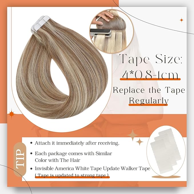 Full Shine Tape in Human Hair Extensions 22Inch Pu Tape in Hair Extensions Color Golden Brown Highlighted Bleach Blonde Seamless Tape ins Skin Weft Hair Extension Tape ins 50G 20Pcs Double Sided Tapes