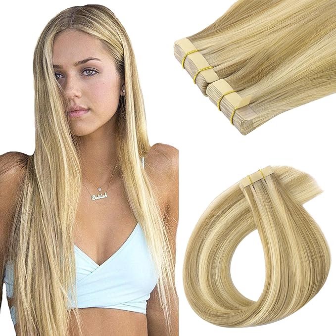 GOO GOO Tape in Hair Extensions Human Hair, 16/22 Light Blonde Highlighted Golden Blonde, 26inch 120g 40pcs, Skin Weft Seamless Invisible, Silky Straight with Thick Ends, Remy Human Hair