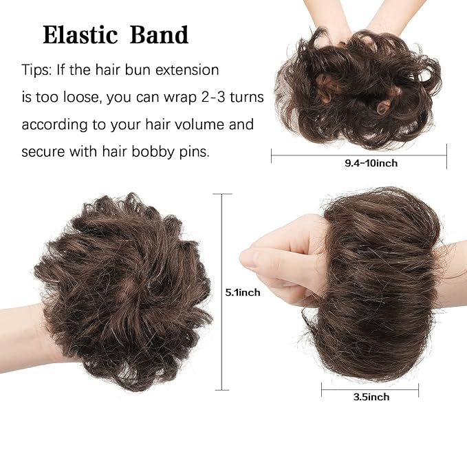FESHFEN Human Messy Buns - 100% Human Hair Bun Real Scrunchies Hair Pieces Ponytail Extensions Wavy Tousled Updo Chignon Hairpieces for Women, Medium Chestnut Brown