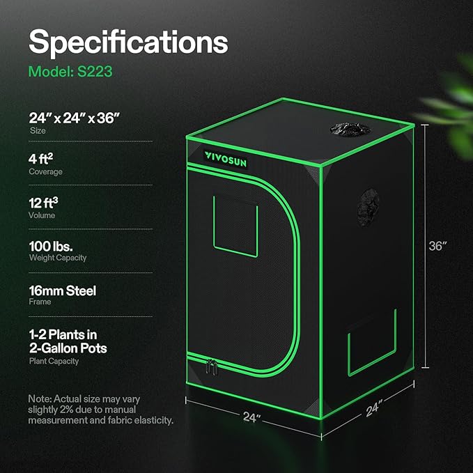 VIVOSUN S223 2x2 Grow Tent, 24"x24"x36" High Reflective Mylar with Observation Window and Floor Tray for Hydroponics Indoor Plant for VS1000