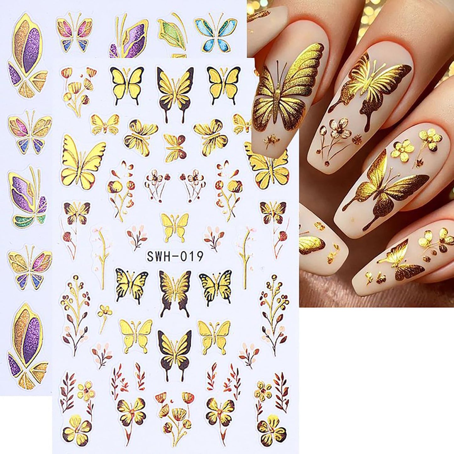 Butterfly Nail Art Stickers Gold Butterflies Nails Art Decals 3D Self-Adhesive Nails Sticker Holographic Spring Decal Decoration for Women Blue Butterfly Manicure Stickers DIY Nail Supplies