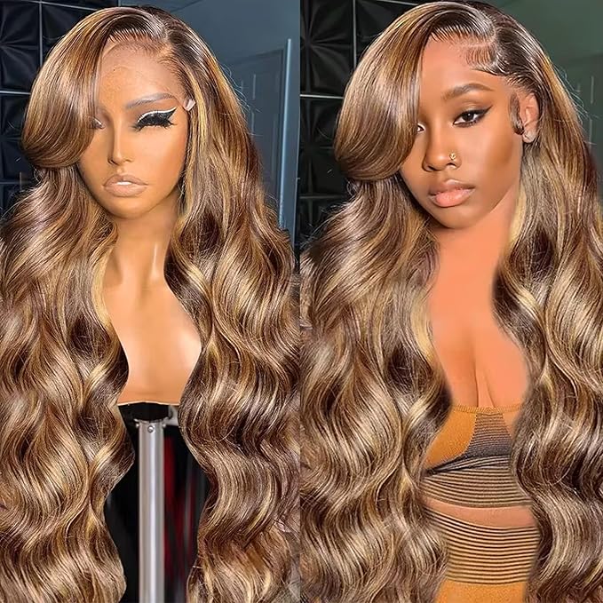 Honey Blonde Ombre 13x6 Lace Front Wig Human Hair 210 Density Highlight Body Wave Lace Front Wigs Human Hair Pre Plucked Glueless Lace Frontal Wig for Women 4/27 Colored 24Inch