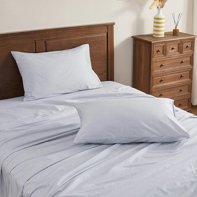 JELLYMONI 100% Natural Cotton Striped Standard Pillowcases Set, 2 Pack Thin White and Blue Stripes Pattern Printed Pillow Covers with Envelope Closure(Pillows are not Included)