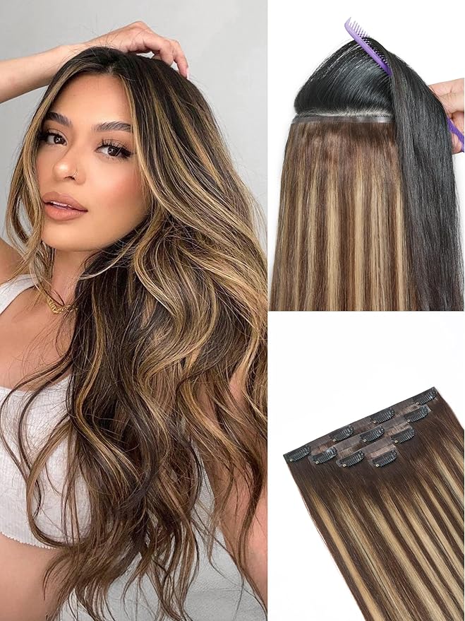 LUVME Clip in Hair Extensions, Straight Seamless 24 Inch 70g 4Pcs Chestnut Brown, 100% Real Remy Human Hair, Soft Natural Full Max Invisible Comfortable Hair Extensions for Women